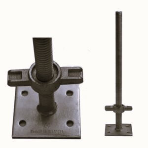 The jacks are used to provide a stable and level foundation for scaffolding structures, with the adjustable height mechanism ensuring precise alignment and support. The flat plate is typically used to distribute the load over a larger area, while the one without a base is for insertion into a scaffold frame or system.