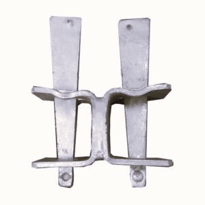 A pair of galvanized double C-clips, designed for connecting two scaffold tubes side by side.
