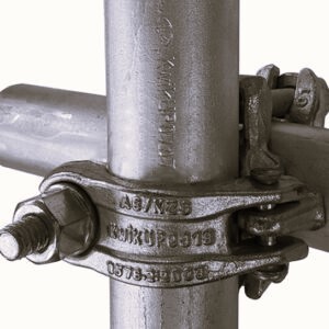 Close-up of a heavy-duty scaffolding double coupler, clamping two steel tubes at a right angle. The coupler's forged body and screw bolts ensure a tight and secure fit, crucial for the structural integrity of scaffold constructions. Its robust design is typical for high-load bearing connections in scaffolding systems.