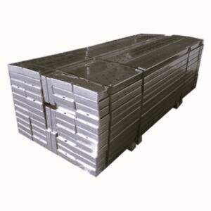 A stack of galvanized steel planks, commonly used for creating work platforms and walkways in scaffolding systems.
