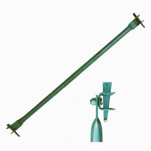 Kwikstage scaffolding brace with a green finish, featuring swivel couplers at both ends for secure attachment to the standards. This diagonal brace is designed to provide lateral support to the scaffolding structure.