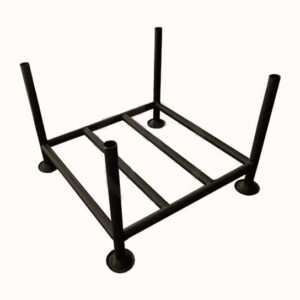 Black steel pallet designed for heavy-duty material handling and storage. The pallet features a grid-like base with four upright posts, allowing for stacking and stable support of goods.