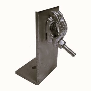 A robust wall tie bracket, featuring a flat vertical plate with a perpendicular base plate and an adjustable swivel clamp.